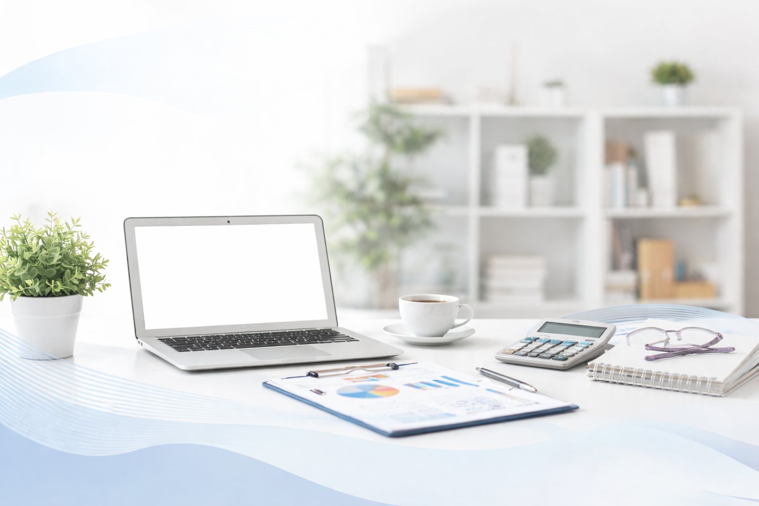 Escritorio de trabajo con laptop, informe financiero y calculadora